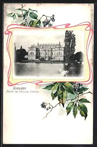 Lithographie Dresden, Palais im Grossen Garten, florales Passepartout