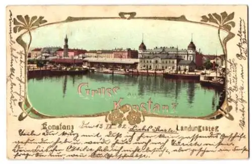 Präge-AK Konstanz, Ortspartie am Landungssteg, Jugendstil-Rahmen