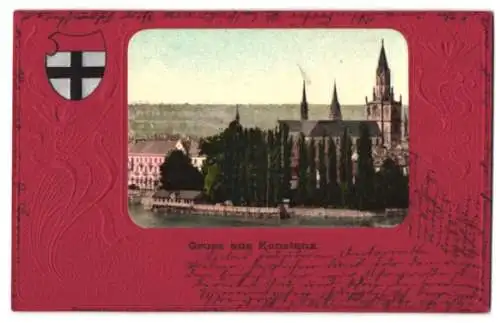 Präge-AK Konstanz, Teilansicht mit Kirche, Wappen