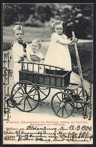 AK Erbgrossherzog Nikolaus und Herzoginnen Altburg und Ingeborg von Oldenburg in einem Bollerwagen