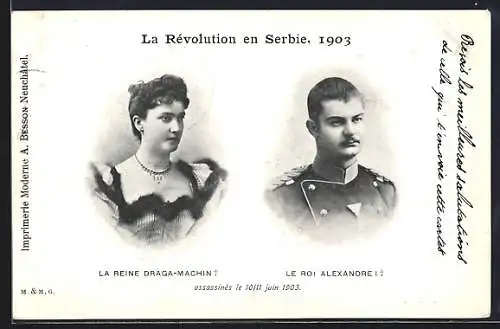 AK La Revolution en Serbie, 1903, Portrait La Reine Draga-Machin & Le Roi Alexandre I.