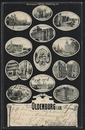 Mikroskop-AK Oldenburg i. Gr., Bahnhof, Elisabeth Anna-Palais, Lamberti-Kirche, Rathaus, Hauptwache