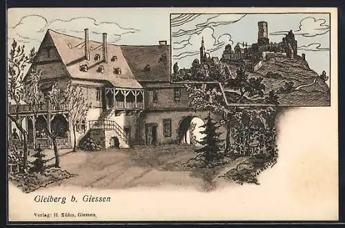 Künstler-AK Gleiberg b. Giessen, Gasthaus und Burg