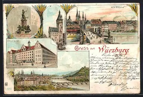 Lithographie Würzburg, Universität, Alte Brücke, Luitpoldbrunnen