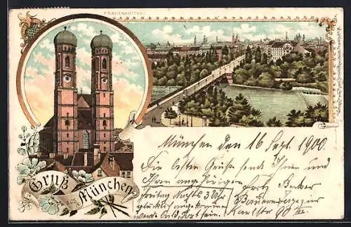 Lithographie München, Ortsansicht, Frauenkirche