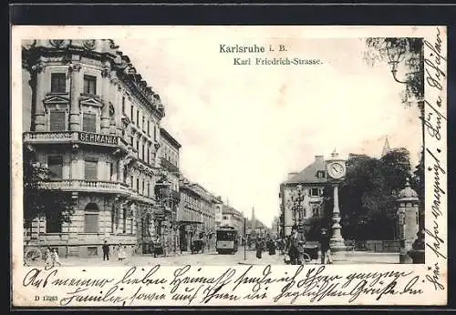 AK Karlsruhe, Karl-Friedrichstrasse, Strassenbahn