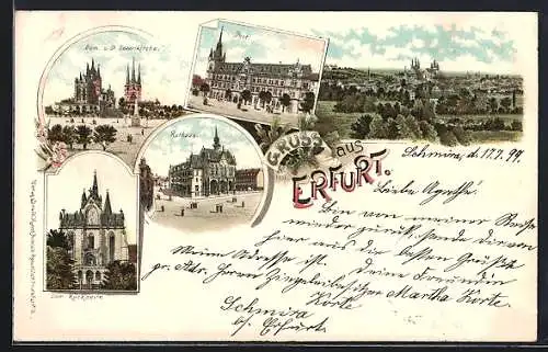 Lithographie Erfurt, Post, Rathaus, Dom und St. Severkirche