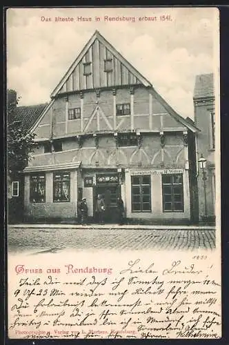 AK Rendsburg, Gasthaus von H. Wohlers, Schleifmühlenstrasse 2, ältestes Haus der Stadt