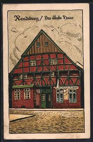 Steindruck-AK Rendsburg, Gasthaus Verdick, Schleifmühlenstrasse, ältestes Haus der Stadt