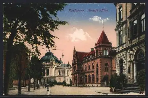 AK Rendsburg, Jungfernstieg Ecke Bahnhofstrasse bei Abendstimmung