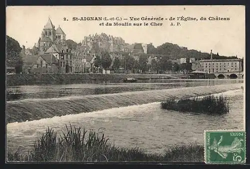 AK Saint-Aignan, Vue générale de l`église, du château et du moulin sur le Cher