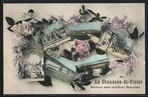 AK La Chaussée-St-Victor, Collage de vues locales fleuries