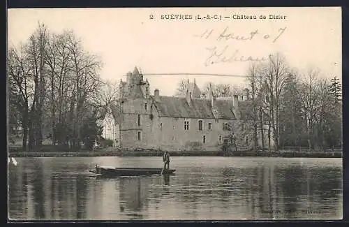 AK Suèvres, Château de Dizier au bord de l`eau avec un pêcheur en barque