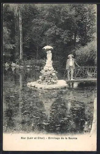 AK Mer, Ermitage de la Source avec statue et pont dans un cadre boisé