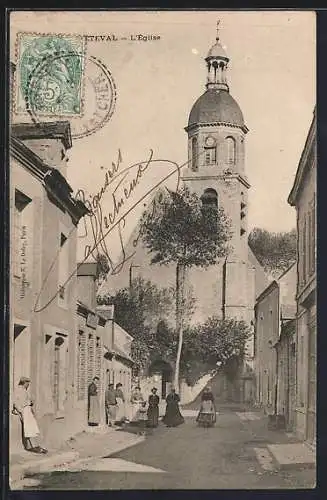 AK Fréteval, L`Église et la rue animée