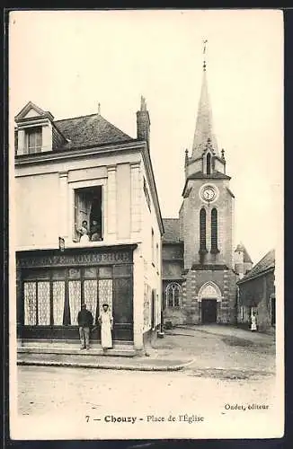 AK Chouzy, Place de l`Église avec le Café du Commerce