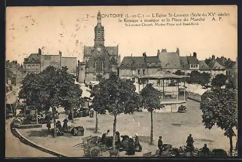 AK Montoire, L`église St-Laurent et le kiosque à musique sur la place du Marché