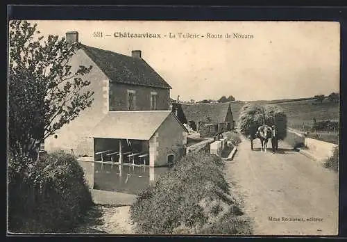 AK Châteauvieux, La Tuilerie sur la route de Nouans avec une charrette de foin tirée par un cheval