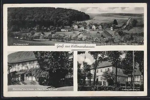 AK Wöllmarshausen, Ortsansicht von oben, Gasthof zur Linde, Landjahrheim