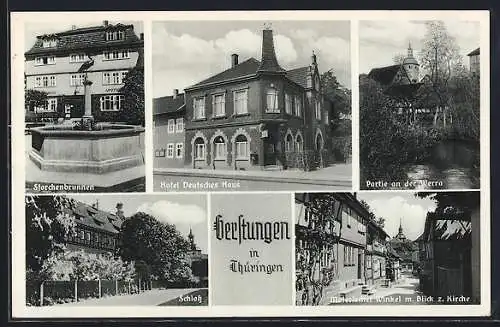 AK Gerstungen in Thüringen, Hotel Deutsches Haus, Storchenbrunnen, Schloss, Partie an der Werra