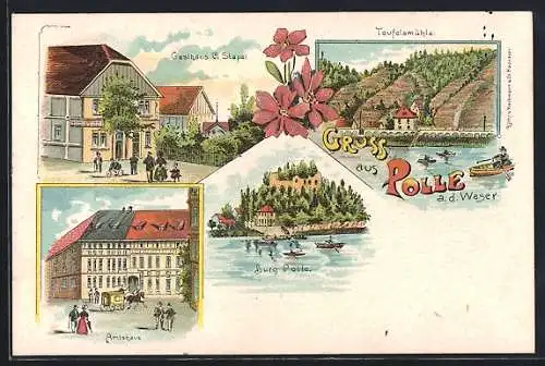 Lithographie Polle, Gasthaus C. Stapel, Amtshaus m. Postkutsche, Teufelsmühle