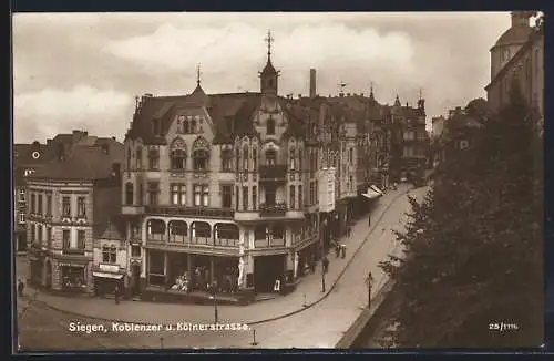 AK Siegen, Koblenzer und Kölnerstrasse mit Geschäft von Theob. Pfeiffer