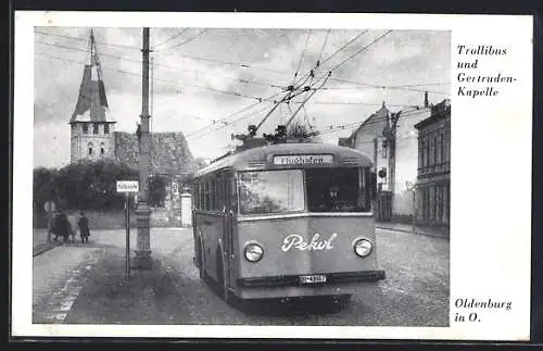 AK Oldenburg i. O., Trollibus und Gertruden-Kapelle, Lastkraftwagen, Kirche