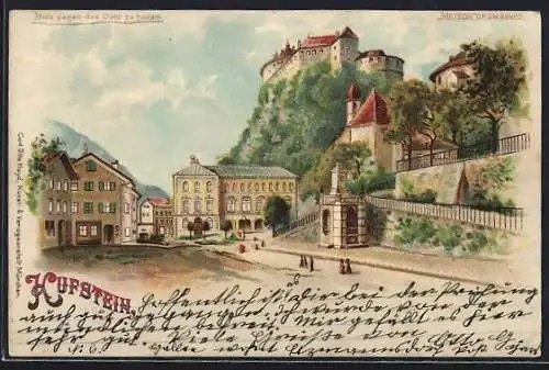 Lithographie Kufstein, Ortspartie mit Treppenaufgang, Halt gegen das Licht: Schloss mit Mondschein