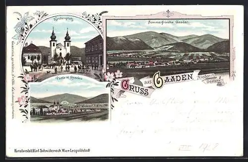 Lithographie Gaaden /Nieder-Oesterr., Teilansicht, Kirchenplatz, Ortspartie