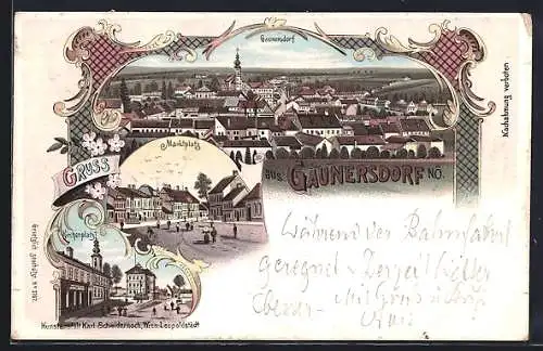 Lithographie Gaunersdorf, Ortsansicht, Marktplatz, Kirchenplatz