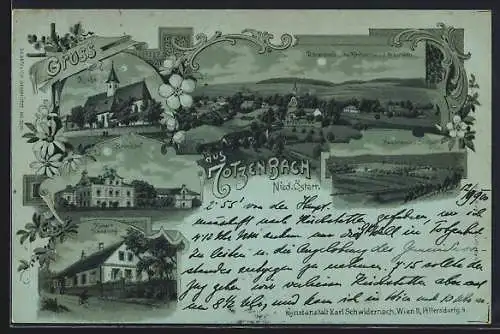 Mondschein-Lithographie Kirchstetten /Nied. Österr., Totzenbach, Hubers Handlung, Bruckhof und Haspelwald