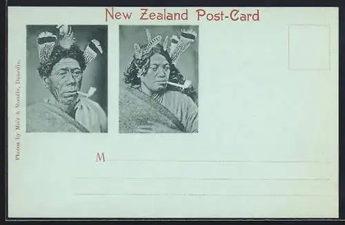 Mondschein-AK New Zealand, Männer in traditioneller Kleidung