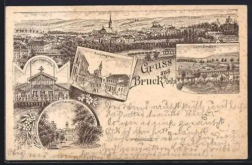 Lithographie Bruck a. Leitha, Totalansicht, Kirchengasse, Schloss Harrach