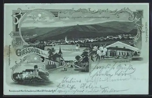 Mondschein-Lithographie Giesshübl b. Mödling, Handlung Jakob Gleich, Hauptstrasse mit Kirche, Burg Liechtenstein