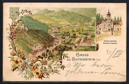 Lithographie Gutenstein /N.-Ö., Kirche auf dem Mariahilfberg, Totalansicht, Edelweiss