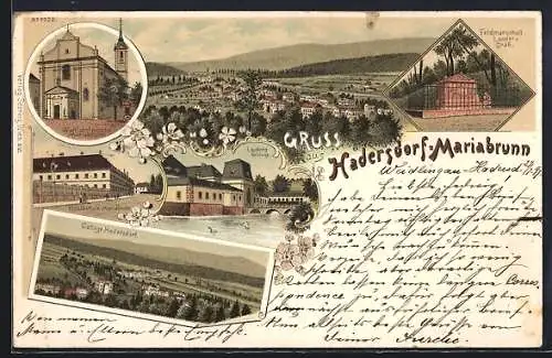 Lithographie Hadersdorf-Weidlingau, Mariabrunn, Gesamtansicht, Wallfahrtskirche, Forstschule