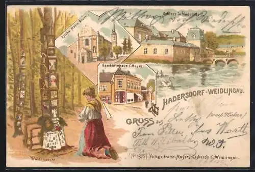 Lithographie Hadersdorf-Weidlingau, Geschäft von F. Mayer, Kirche Maria Brunn, Waldandacht