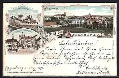 Lithographie Eggenburg, Teilansicht, Altes Schloss, Stadtplatz und Pfarrkirche