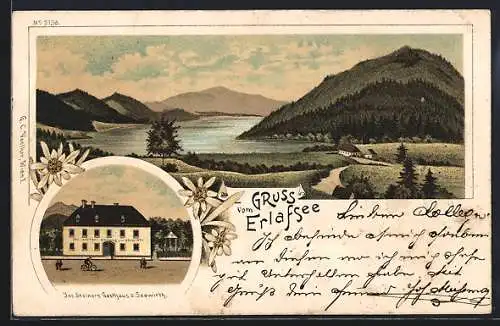 Lithographie Erlafsee, Jos. Steiners Gasthaus z. Seewirth, Blick über den See und Umgebung