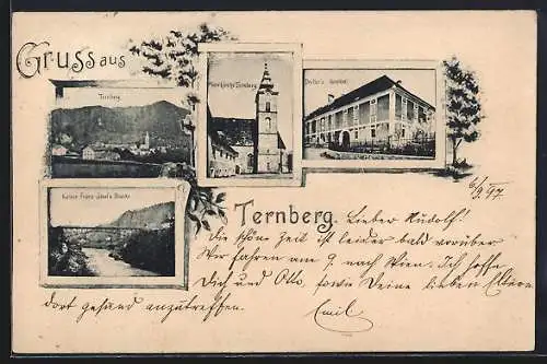 AK Ternberg, Derfler`s Gasthof, Pfarrkirche Ternberg, Kaiser Franz-Josefs-Brücke