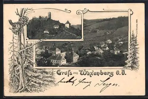 AK Waxenberg /O.Ö., Ortsansicht und die Burgruine