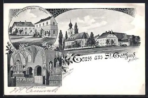 Künstler-AK St. Gotthard /Mühlkreis, T. Hinterbergers Gasthaus und Schule, Inneres der Kirche