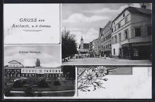 AK Aschach a. d. Donau, Schloss Harrach mit Anlagen, Strassenpartie mit Buchbinderei Eigner und Kirche