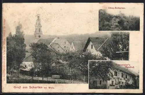 AK Scharten bei Wels, Franzmeiers Gasthof, Ober-Scharten, Ortspartie mit Kirche