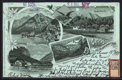 Mondschein-Lithographie Hallstatt /Salzkammergut, Gosau-Schmied, Gosau-See, Gosau-Mühle, Ortsansicht