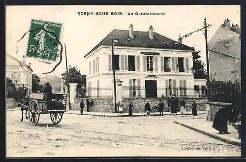 AK Rosny-sous-Bois, La Gendarmerie et scène de rue animée avec charrette