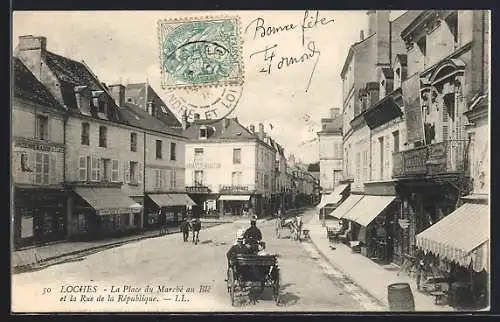 AK Loches, La Place du Machré au Blé et la Rue de la République