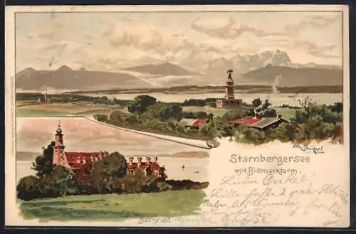 Künstler-Lithographie Otto Strützel: Bernried / Starnberger See, Seeblick mit Bismarckturm