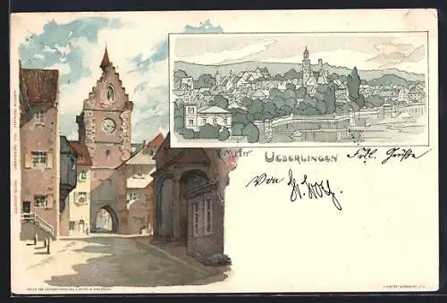 Künstler-AK K. Mutter: Überlingen / Bodensee, Teilansicht, Strassenpartie mit Kirchturm