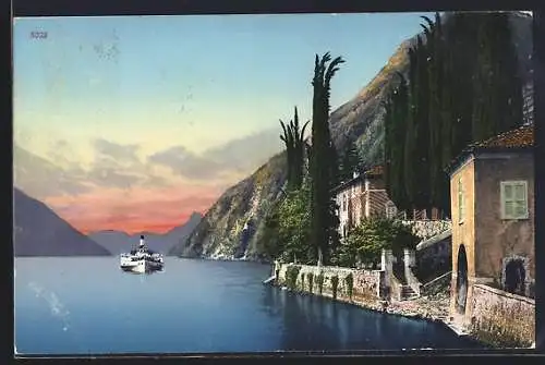 AK Oria, Ortspartie mit Dampfer auf dem Lago di Lugano